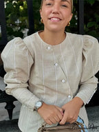 Puffy Sleeve Slanted Button Striped Top