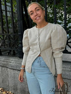 Puffy Sleeve Slanted Button Striped Top