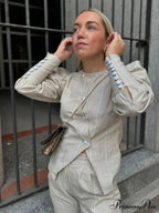 Puffy Sleeve Slanted Button Striped Top