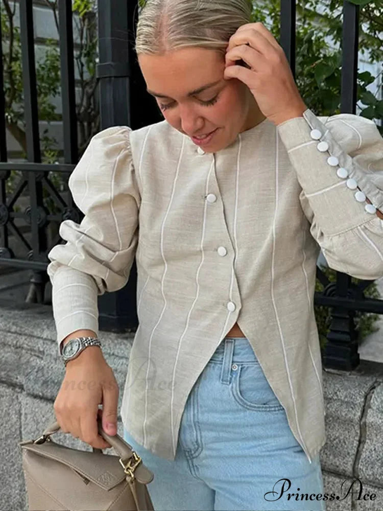 Puffy Sleeve Slanted Button Striped Top