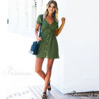 Pure Color Single Row Buttons V-Neck Dress