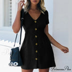 Pure Color Single Row Buttons V-Neck Dress