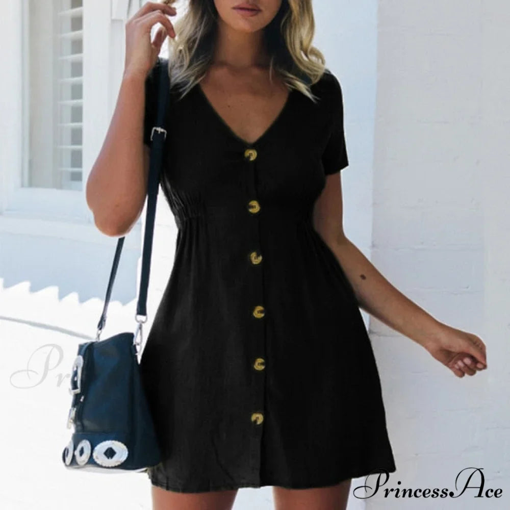 Pure Color Single Row Buttons V-Neck Dress