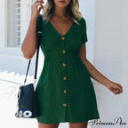 Pure Color Single Row Buttons V-Neck Dress