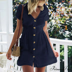 Pure Color Single Row Buttons V-Neck Dress