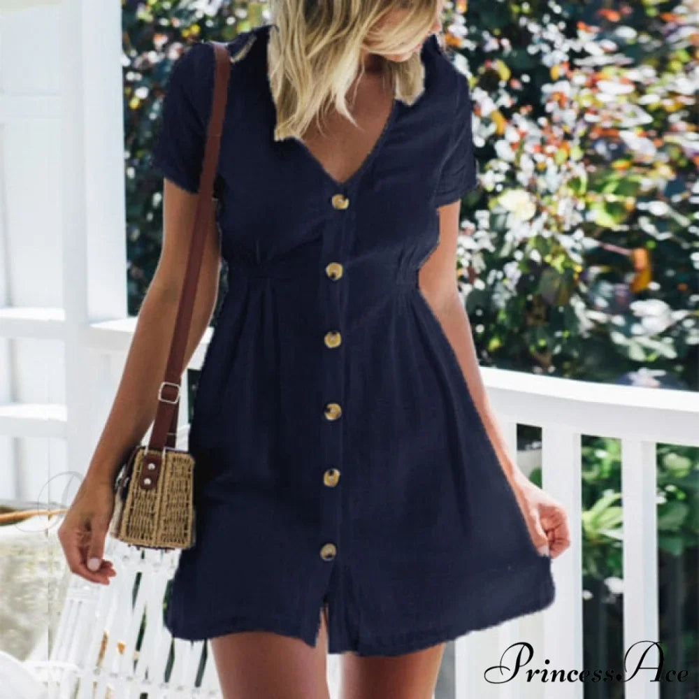 Pure Color Single Row Buttons V-Neck Dress
