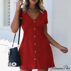 Pure Color Single Row Buttons V-Neck Dress