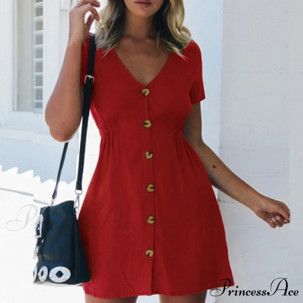 Pure Color Single Row Buttons V-Neck Dress