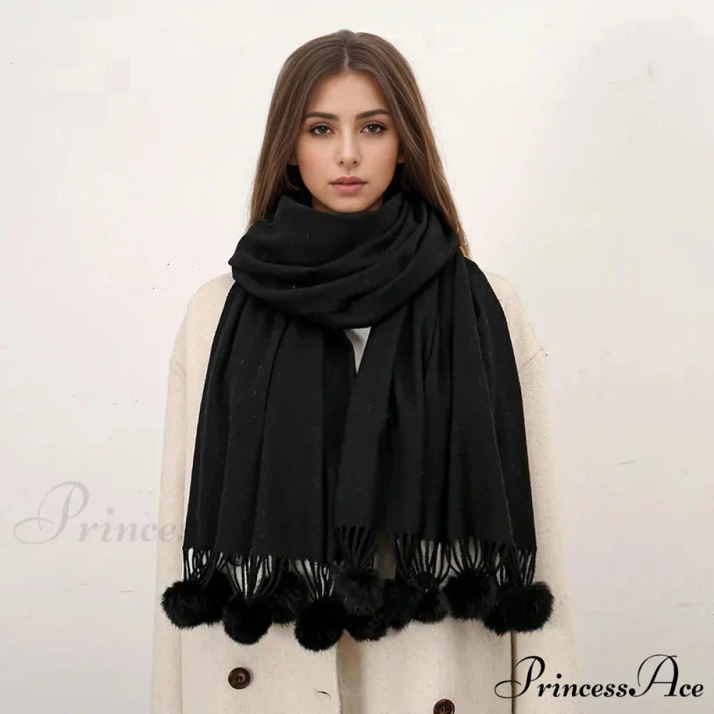 Rabbit Fur Ball Cashmere Pompom Oversize Blanket Scarf for Women