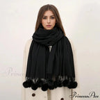 Rabbit Fur Ball Cashmere Pompom Oversize Blanket Scarf for Women