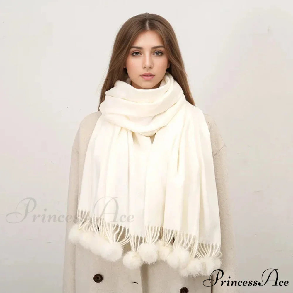 Rabbit Fur Ball Cashmere Pompom Oversize Blanket Scarf for Women