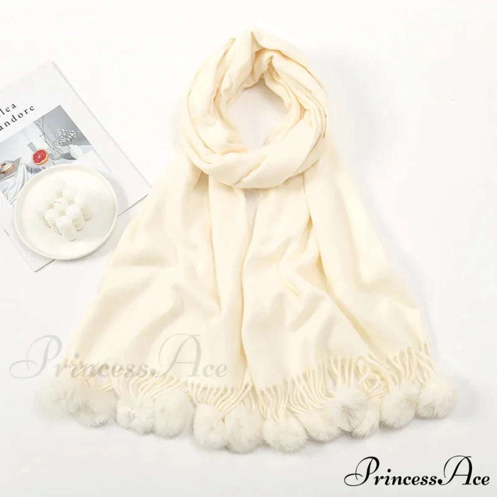 Rabbit Fur Ball Cashmere Pompom Oversize Blanket Scarf for Women