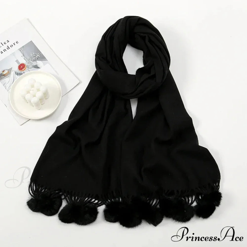 Rabbit Fur Ball Cashmere Pompom Oversize Blanket Scarf for Women