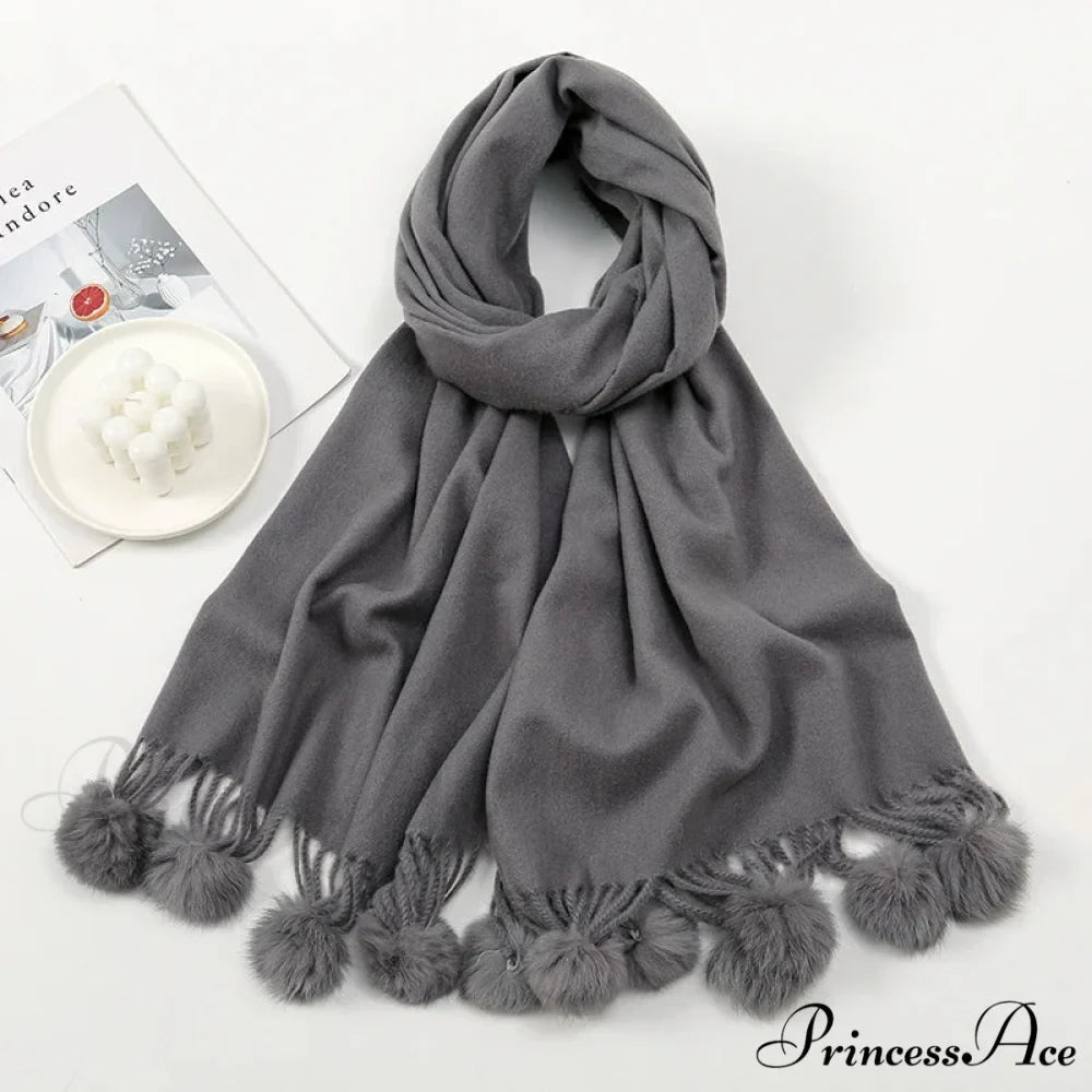 Rabbit Fur Ball Cashmere Pompom Oversize Blanket Scarf for Women