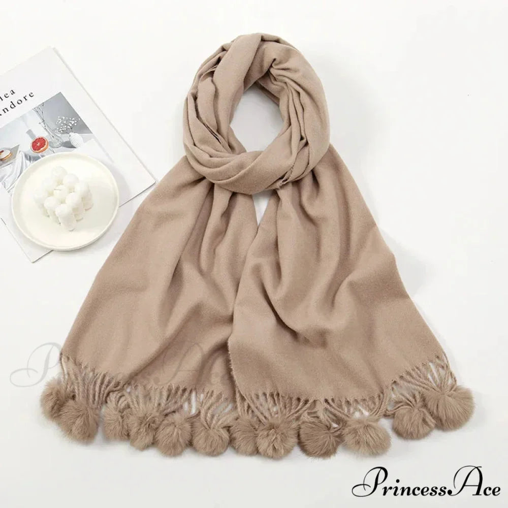 Rabbit Fur Ball Cashmere Pompom Oversize Blanket Scarf for Women