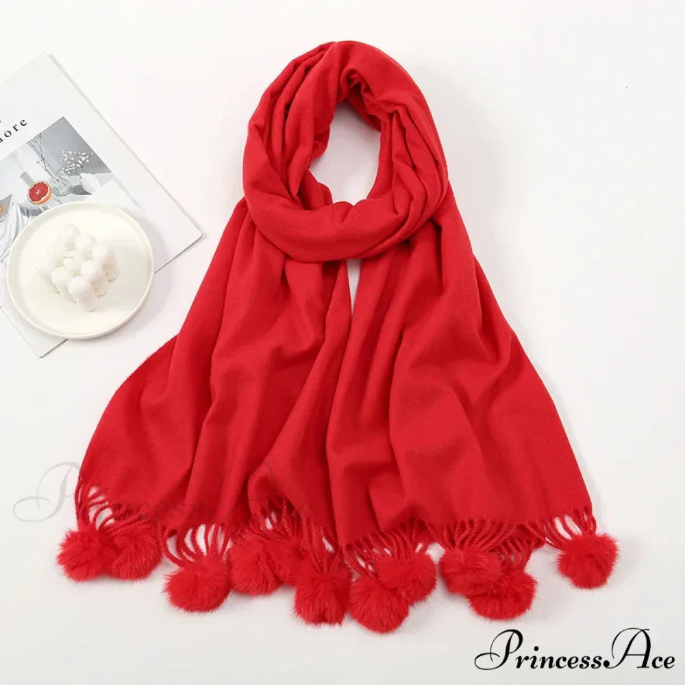 Rabbit Fur Ball Cashmere Pompom Oversize Blanket Scarf for Women