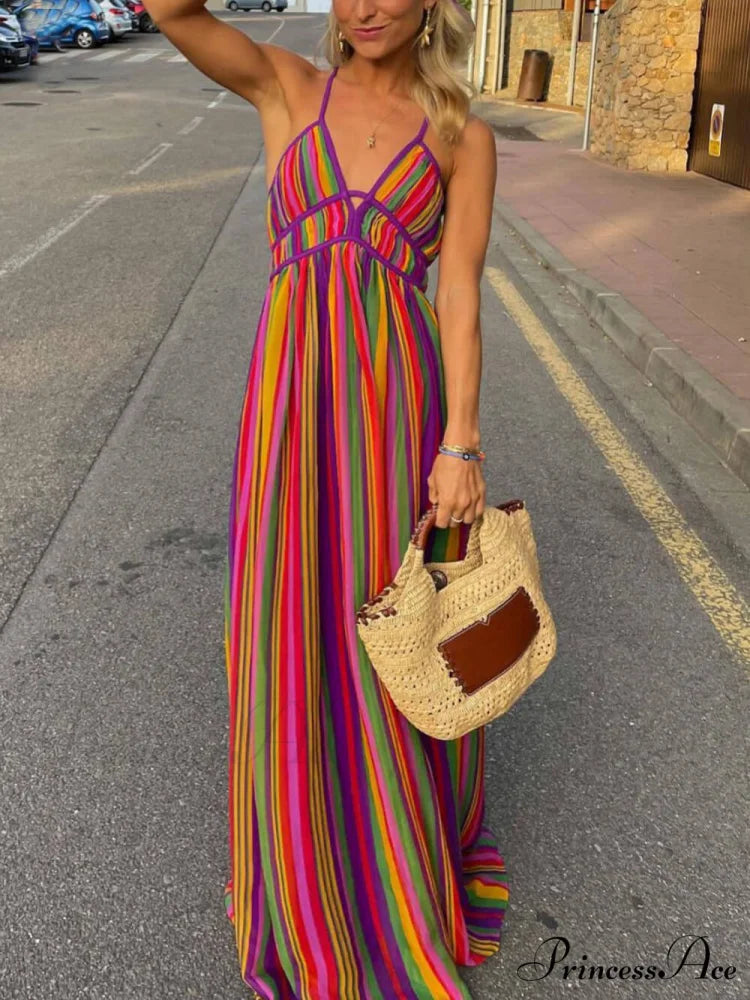 Rainbow Stripe Print Charming V-Neck Maxi Dress
