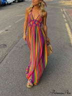 Rainbow Stripe Print Charming V-Neck Maxi Dress