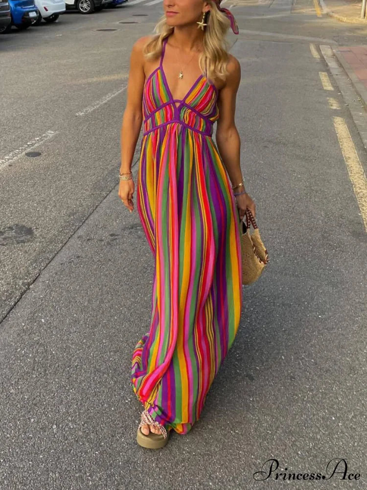 Rainbow Stripe Print Charming V-Neck Maxi Dress