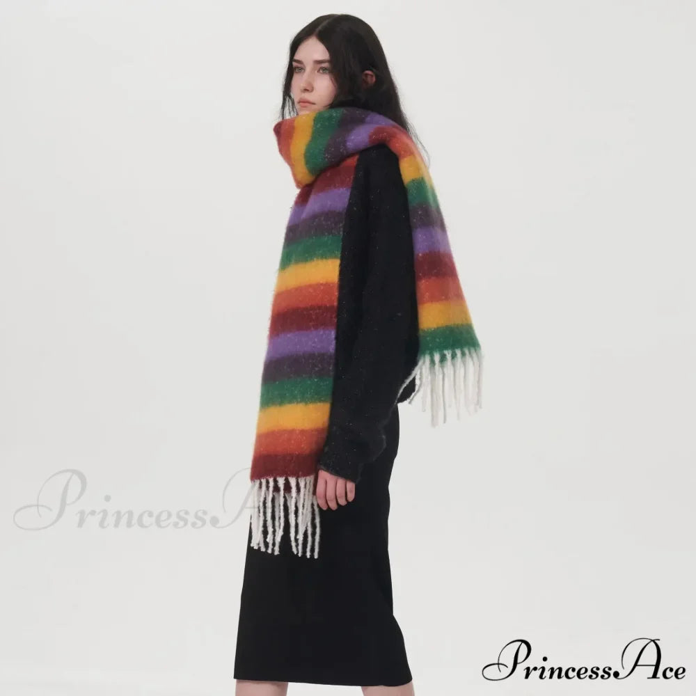 Rainbow Striped Thick Muffler Scarf for Autumn/Winter Warmth
