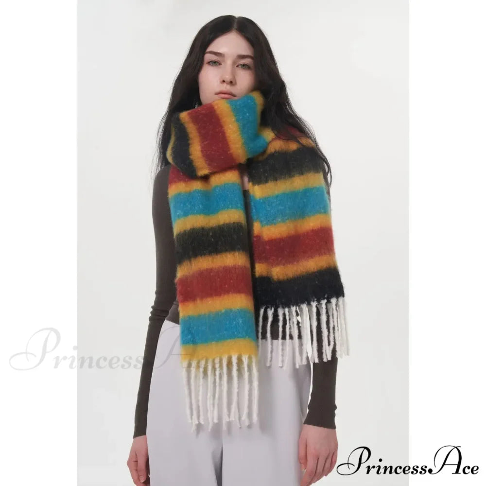 Rainbow Striped Thick Muffler Scarf for Autumn/Winter Warmth