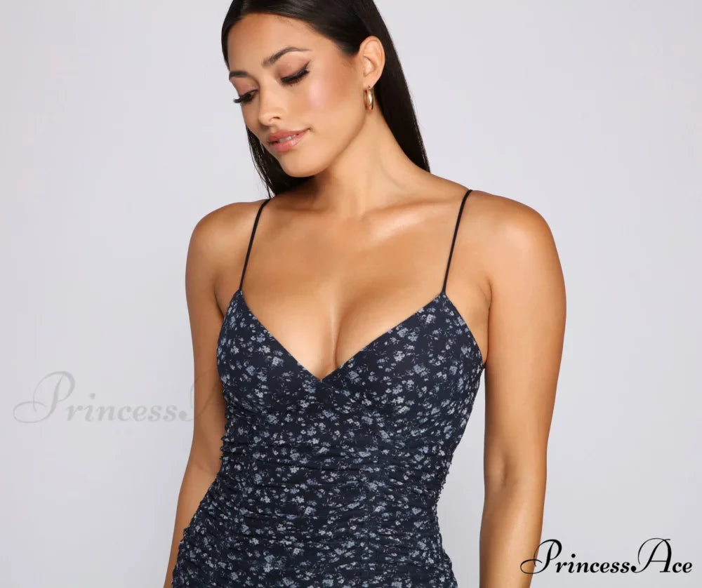 Ravishing Florals Stylish Ruched Mini Dress