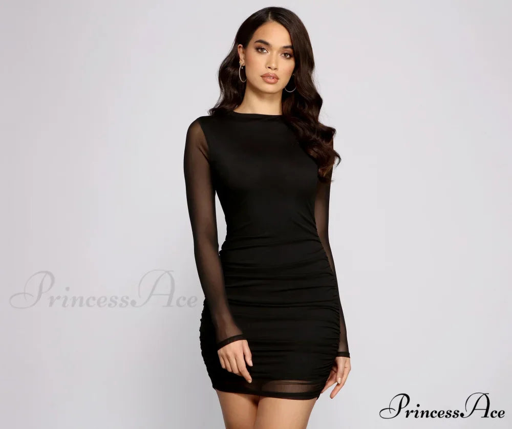 Ready and Ruched Charming Mesh Mini Dress