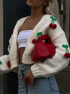 Red Adorned V-neck Cardigan Sweater