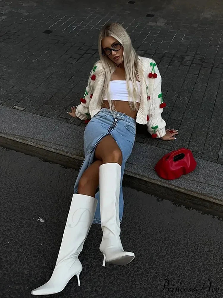 Red Adorned V-neck Cardigan Sweater