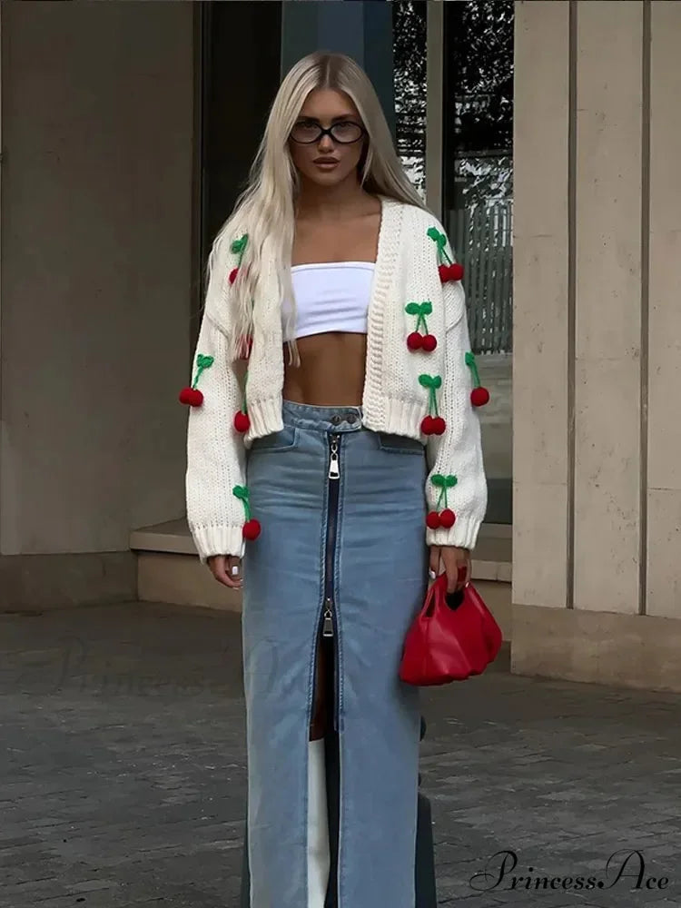 Red Adorned V-neck Cardigan Sweater