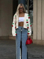 Red Adorned V-neck Cardigan Sweater