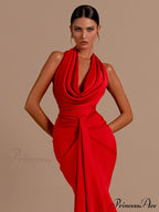Red Backless Halter V-Neck Maxi Bodycon Christmas Party Dress