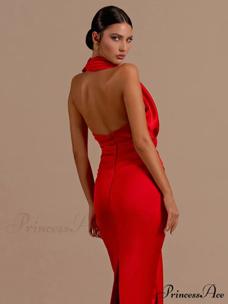 Red Backless Halter V-Neck Maxi Bodycon Christmas Party Dress