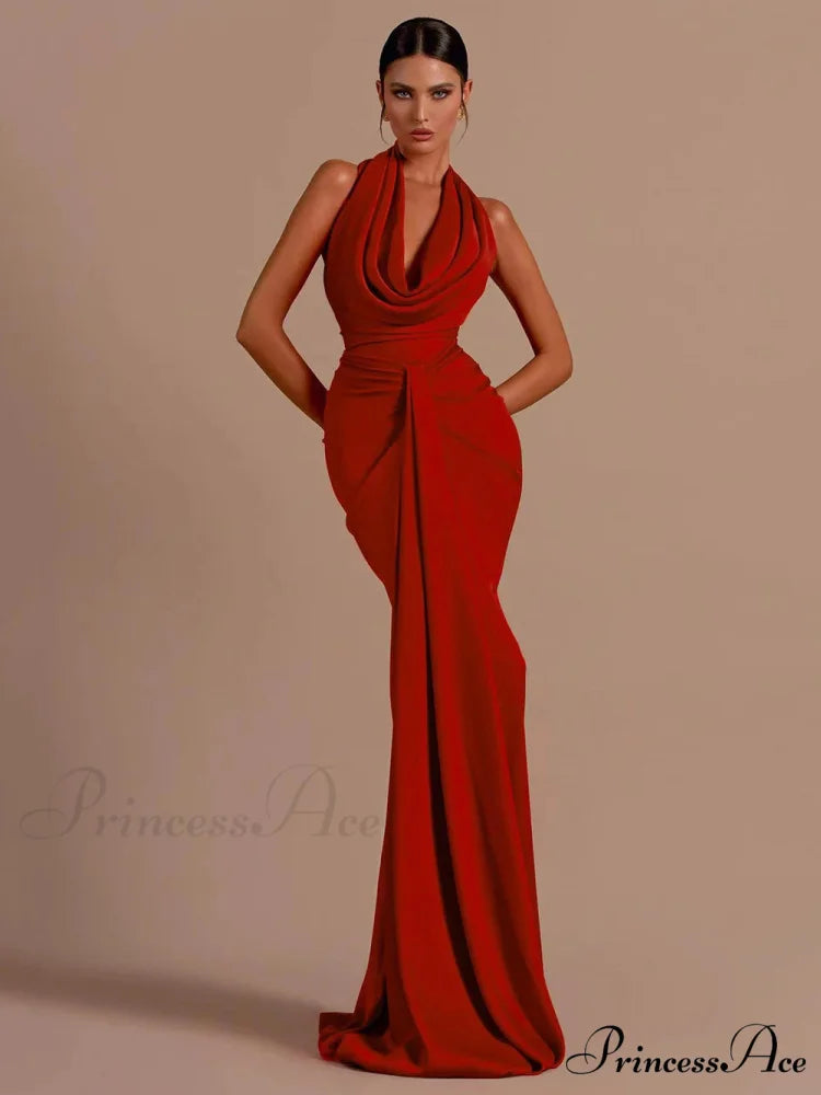 Red Backless Halter V-Neck Maxi Bodycon Christmas Party Dress