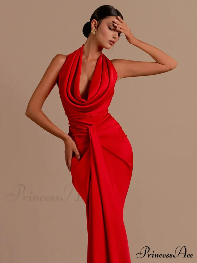 Red Backless Halter V-Neck Maxi Bodycon Christmas Party Dress