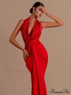 Red Backless Halter V-Neck Maxi Bodycon Christmas Party Dress