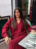 Red Baggy Plunging Neckline Solo Buttoned Cardigan