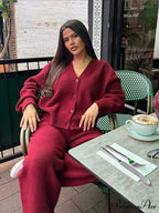 Red Baggy Plunging Neckline Solo Buttoned Cardigan