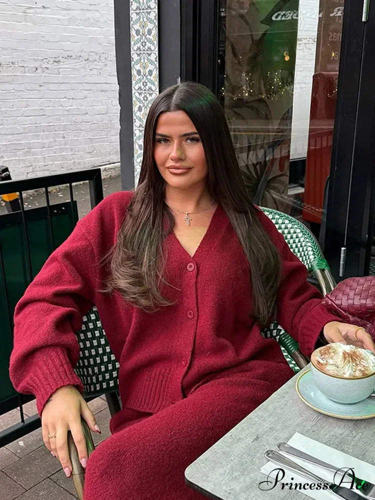 Red Baggy Plunging Neckline Solo Buttoned Cardigan