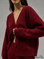 Red Baggy Plunging Neckline Solo Buttoned Cardigan