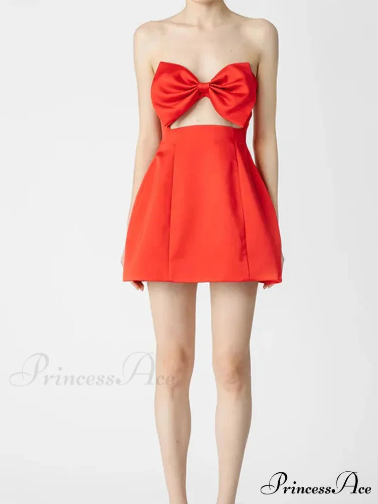 Red Bow Hollow Satin Strapless Party Dress