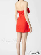 Red Bow Hollow Satin Strapless Party Dress