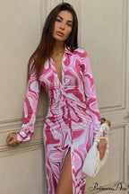 Red Button-Front Printed Shirt Dress