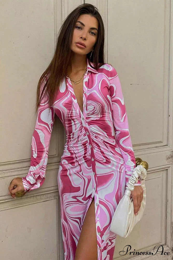 Red Button-Front Printed Shirt Dress