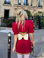 Red Button Mini Dress with V Neck - A-Line Christmas Party Dress