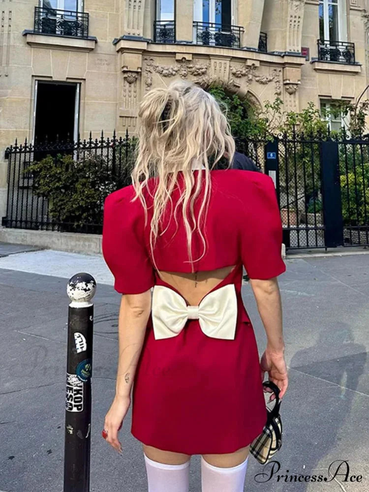 Red Button Mini Dress with V Neck - A-Line Christmas Party Dress