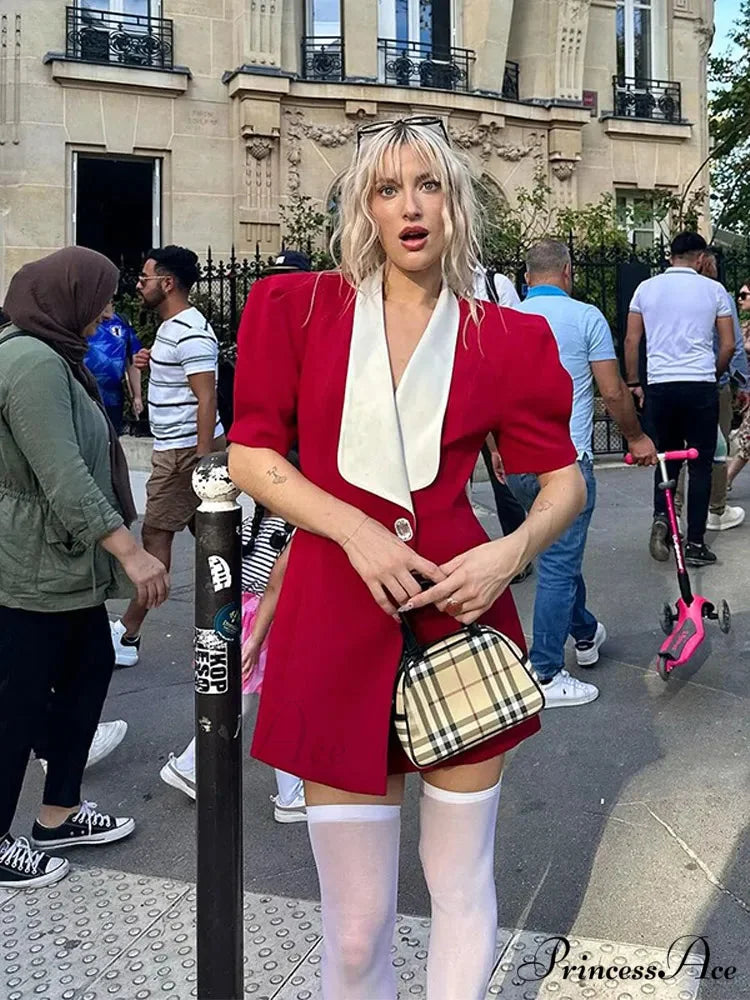 Red Button Mini Dress with V Neck - A-Line Christmas Party Dress