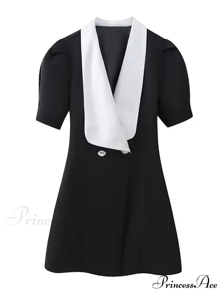 Red Button Mini Dress with V Neck - A-Line Christmas Party Dress