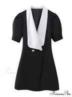 Red Button Mini Dress with V Neck - A-Line Christmas Party Dress