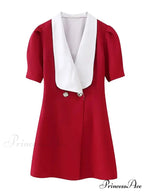 Red Button Mini Dress with V Neck - A-Line Christmas Party Dress